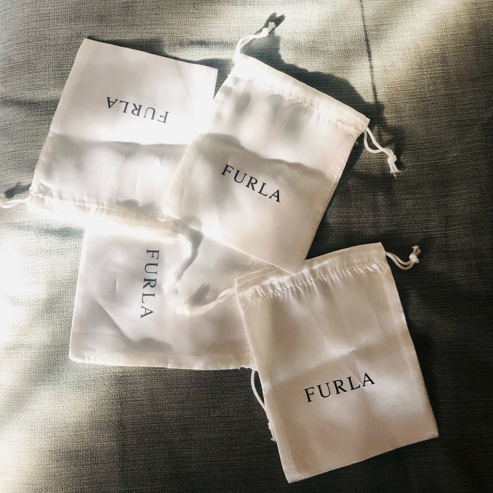 4 FURLA Satin Drawing String Bags, White, NEW